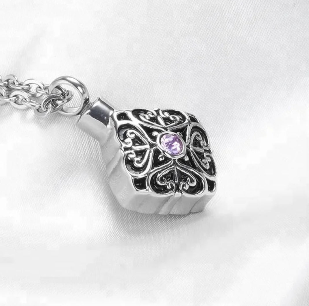 Filigree Cremation Urn Necklace for ashes with Amethyst zircon stone