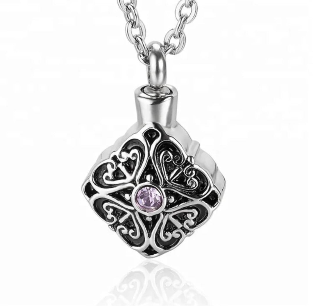 Filigree Cremation Urn Necklace for ashes with Amethyst zircon stone