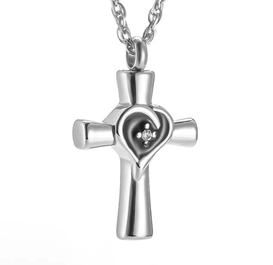 Cremation Urn Cross for ashes with Heart and Cubic Zirconia Inlay