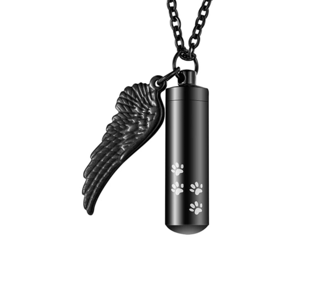 Medium size Cylinder style Cremation Urn Necklace for ashes with Angel Wing charm with Paw Prints