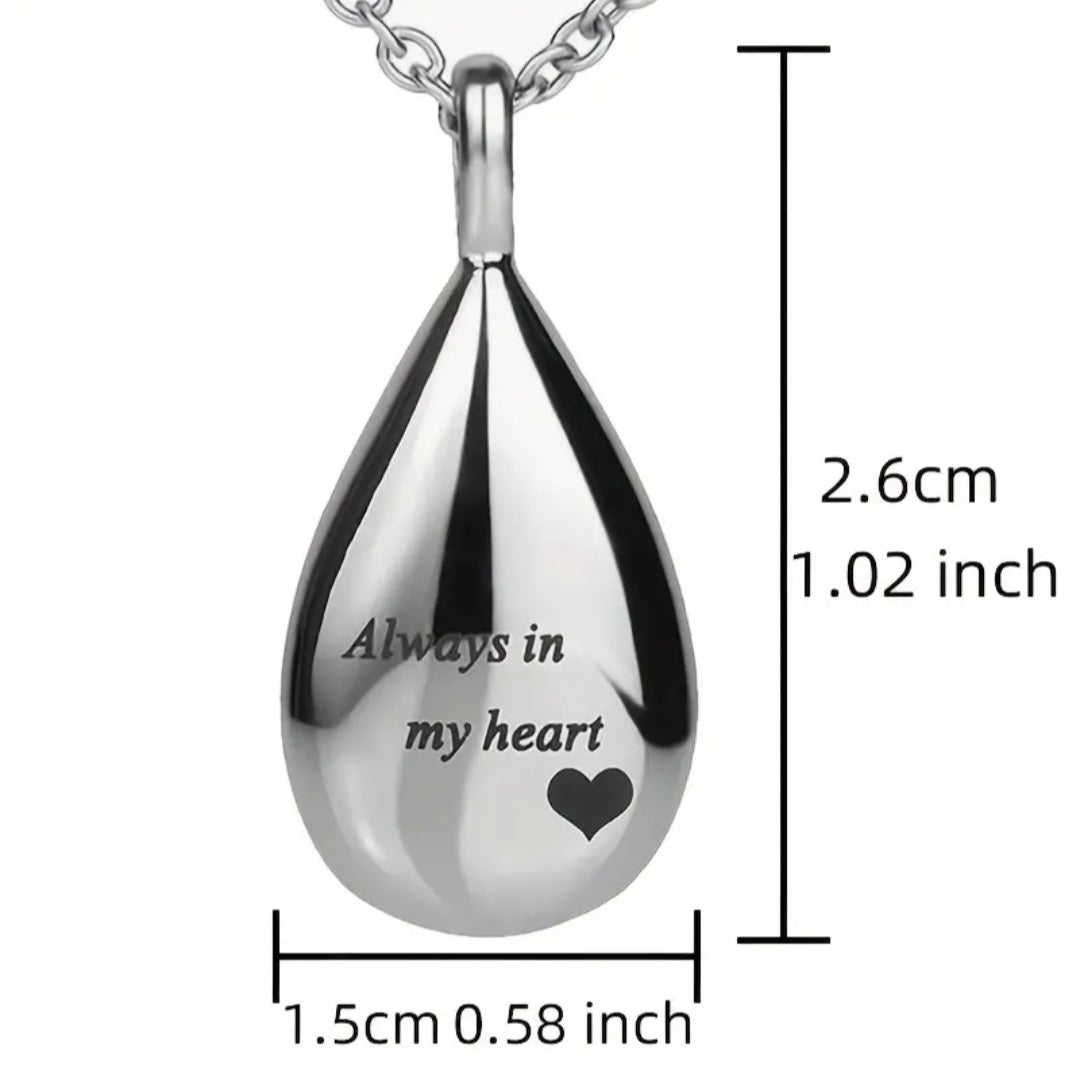 Tear Drop shape Cremation Urn Necklace for ashes "Always in my heart"