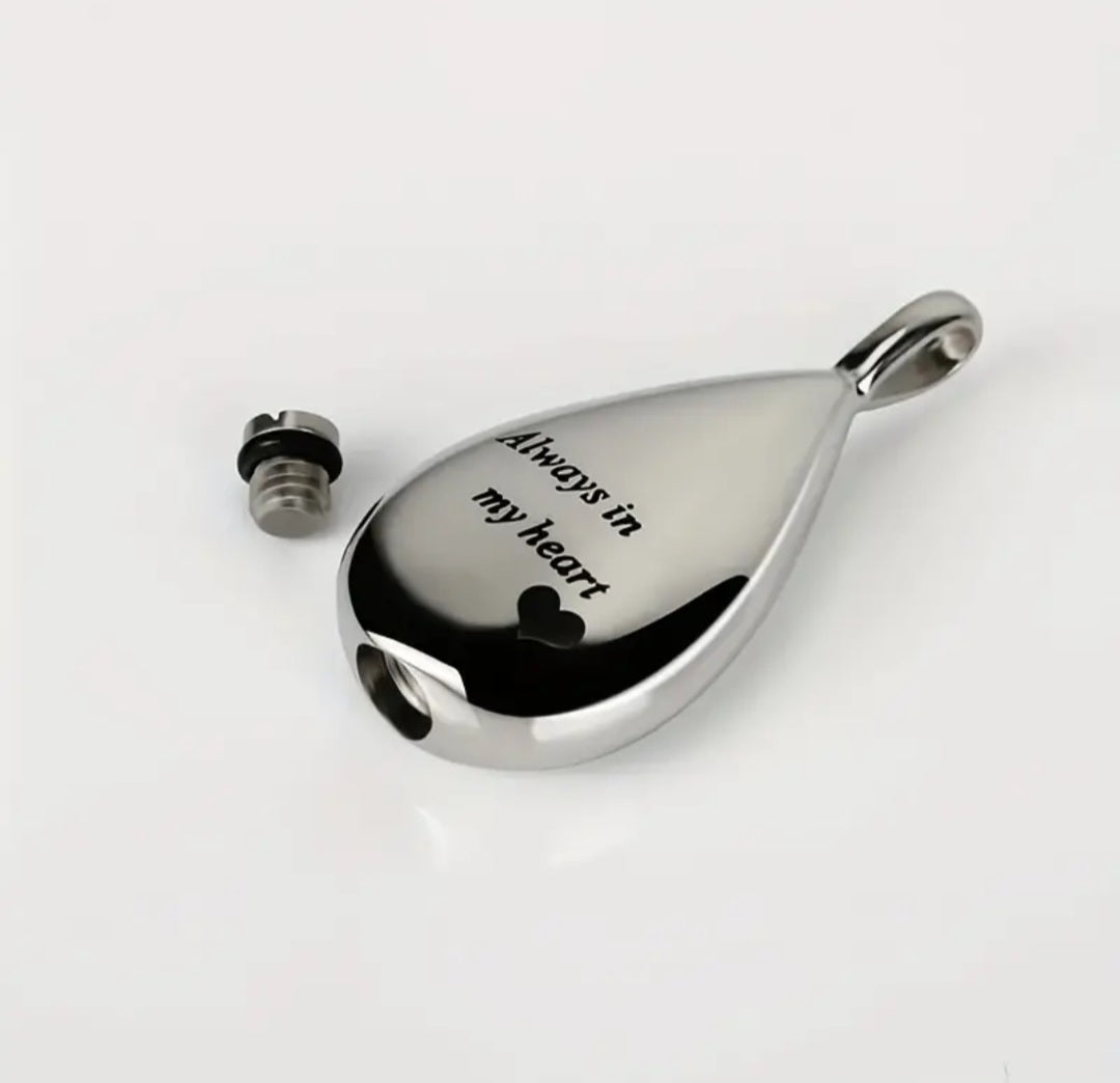 Tear Drop shape Cremation Urn Necklace for ashes "Always in my heart"