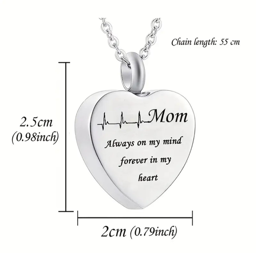 "Mom" Cremation Urn Heart Necklace for ashes with heartbeat