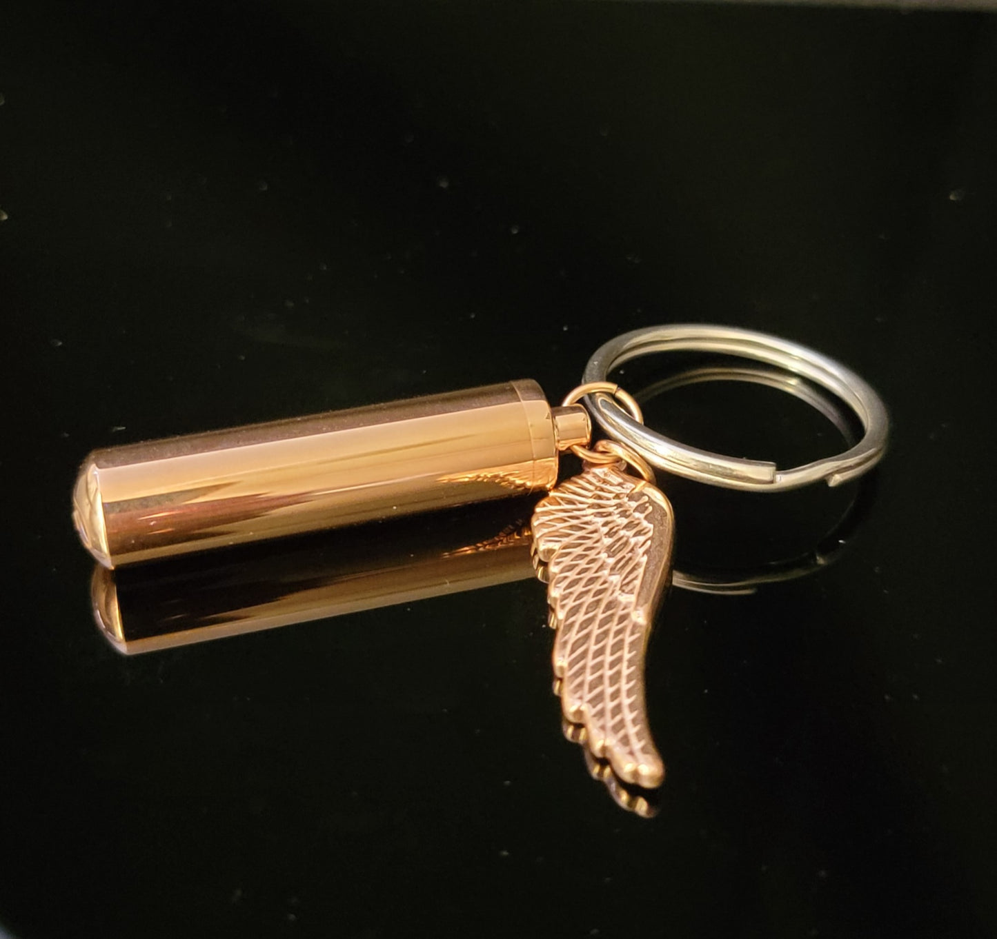 Large Cylinder Style Cremation Urn Necklace for ashes with Angel Wing charm & Keychain